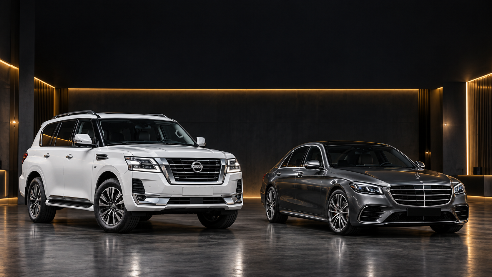 White Nissan Patrol SUV and graphite Mercedes-Benz S-Class sedan in a premium automotive studio